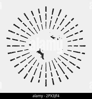 Vintage map of Seychelles. Grunge sunburst around the island. Black Seychelles shape with sun rays on white background. Vector illustration. Stock Vector