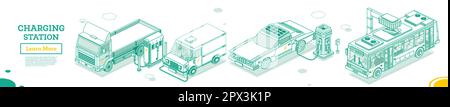 Electric Vehicle. Electromobile Charging Station. Isometric Outline Concept. Vector Illustration. Truck, Van and Bus. Eco Transport. Green Energy. Stock Vector