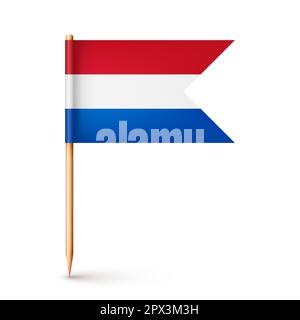 Realistic Dutch toothpick flag. Souvenir from Netherlands. Wooden toothpick with paper flag. Location mark, map pointer. Blank mockup for advertising Stock Vector