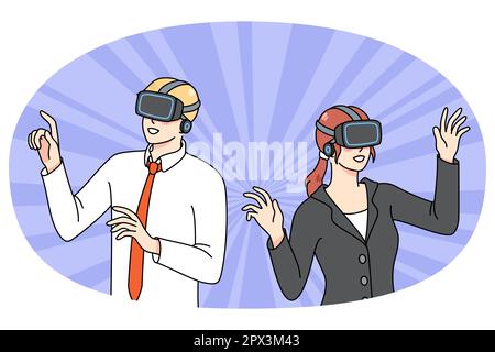 Diverse businesspeople in VR glasses explore new reality surroundings. Man and woman employees in virtual reality headsets use modern technologies at work. Flat vector illustration. Stock Vector