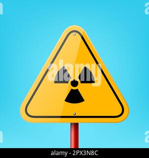 Vector Yellow Triangular Road Sign Frame with Radiation Sign, Icon, Nuclear Warning Symbol Icon Closeup on Blue Background. Road Pointer Plate Design Stock Vector