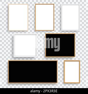 Set of frame picture white and brown wooden border with shadow. Stock Vector