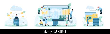 Cloud data storage and security set vector illustration. Cartoon tiny people upload folders and transfer backup files to digital database services, work with server discs and network infrastructure Stock Vector