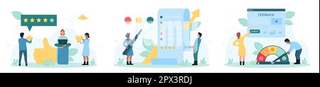 Customers feedback service set vector illustration. Cartoon tiny people rate experience with stars and thumbs up, clients vote for quality in survey list, report with positive comment in social media Stock Vector
