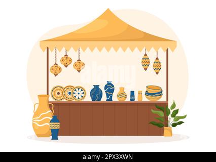 Souvenir Shop with Various the Gifts, Decorative Vases and Jewelry to Share by Friends or Family in Flat Cartoon Hand Drawn Templates Illustration Stock Photo