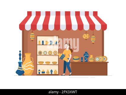 Souvenir Shop with Various the Gifts, Decorative Vases and Jewelry to Share by Friends or Family in Flat Cartoon Hand Drawn Templates Illustration Stock Photo