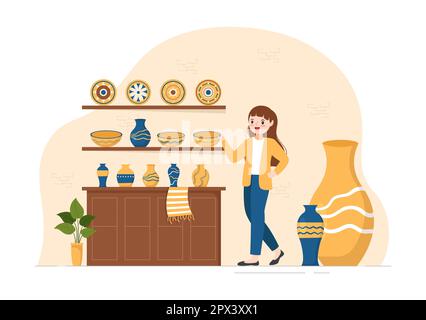 Souvenir Shop with Various the Gifts, Decorative Vases and Jewelry to Share by Friends or Family in Flat Cartoon Hand Drawn Templates Illustration Stock Photo