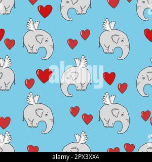 Seamless pattern with cute flying elephants and hearts on blue background. Valentines Day design. Stock Vector