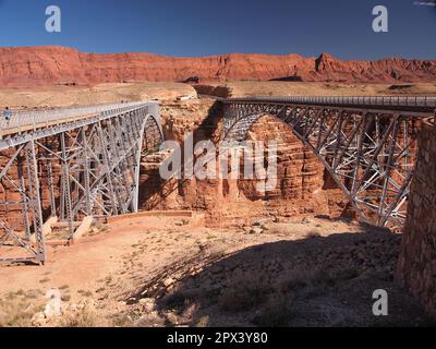 Navajo Bridge at Marble Canyon over the Colorado River in Northern Arizona. Officially called the Navajo Steel Arch Highway Bridge. Stock Photo