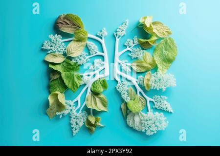 Human lungs from green leaves, blue background copy space. Healthy respiratory system, anatomical silhouette Stock Photo