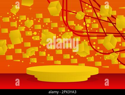 Abstract Red, Orange and Yellow stage showcase. Mockup cylinder pedestal podium. Realistic vector product display for presentation. Futuristic 3D room Stock Vector