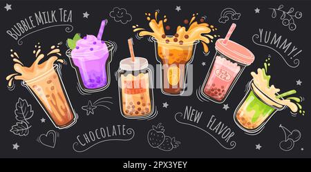 Bubble milk poster. Boba pearl tea with tapioca bubble, smoothies juice dynamic splash for drink menu advertising, cool cartoon milkshake coffee beverages vector illustration of tapioca drink sweet Stock Vector