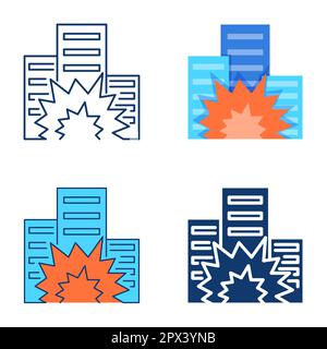 City explosion icon set in flat and line style. House destruction symbol. Vector illustration Stock Vector
