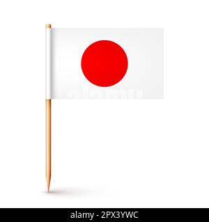 Realistic Japanese toothpick flag. Souvenir from Japan. Wooden toothpick with paper flag. Location mark, map pointer. Blank mockup for advertising and Stock Vector