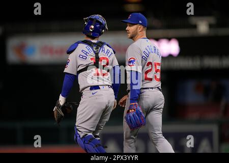 Chicago Cubs catcher Tucker Barnhart, left, celebrates with center fielder  Nelson Velazquez after the Cubs defeated the San Diego Padres 5-2 in a  baseball game in Chicago, Thursday, April 27, 2023. (AP