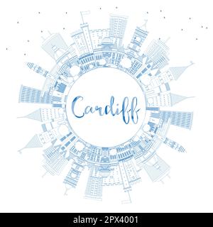 Outline Cardiff Wales City Skyline with Blue Buildings and Copy Space. Vector Illustration. Cardiff UK Cityscape with Landmarks. Stock Vector