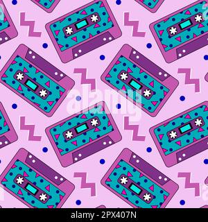 Retro cassette purple pattern. Seamless vintage 90s party pattern, music audio cassette, analogue 80s stereo audiocassette vector illustration Stock Vector