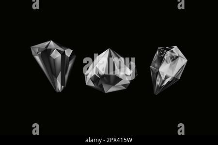 Glass shiny crystals with different shades reflecting light.A collection of images of black diamonds of various geometric shapes and sizes.Vector realistic set of glow gemstone or colorful ice. Stock Vector