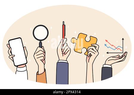 Hands of people holding various work tools and equipment. Businesspeople use stationery for job, phone, magnifier and pen. Office and job supplies. Flat vector illustration. Stock Vector