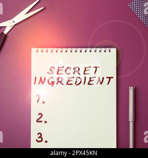 Hand writing sign Secret Ingredient, Word Written on special technique or materials used by a company in manufacturing its products Stock Photo