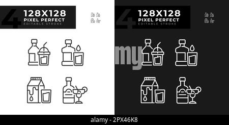 Bottled beverages pixel perfect linear icons set for dark, light mode Stock Vector