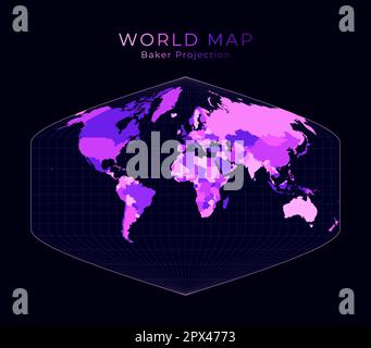 World Map. Baker Dinomic projection. Digital world illustration. Bright pink neon colors on dark background. Beautiful vector illustration. Stock Vector
