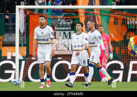 Venice, Italy. 01st May, 2023. Venezia celebrates the victory during the  Italian soccer Serie B match Venezia FC vs Modena FC on May 01, 2023 at the  Pier Luigi Penzo stadium in