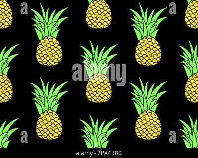 Pineapple seamless pattern. Summer fruit pattern. Pineapple fruit on black background. Tropical design for T-shirts, prints on paper and fabric. Vecto Stock Vector