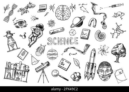 Science banner. Engraved hand drawn in old sketch and vintage style. Astronaut and rocket. Scientific formulas and calculations in physics and Stock Vector
