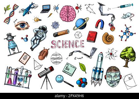Science banner. Engraved hand drawn in old sketch and vintage style. Astronaut and rocket. Scientific formulas and calculations in physics and Stock Vector