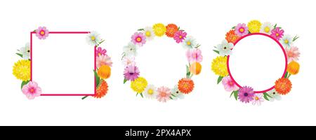 Hello spring circle frame greeting card and flowers decoration. Stock Vector