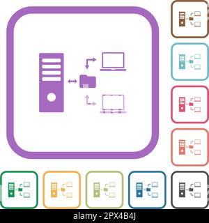 Network file system with server simple icons in color rounded square frames on white background Stock Vector