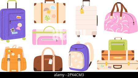 Suitcases and bags. Packing suitcase, isolated travel trendy bag and backpack. Leisure or trip, traveller pack luggage in trip, racy vector clipart Stock Vector