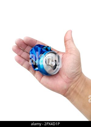 Compressed cans in hand isolated on white background Stock Photo