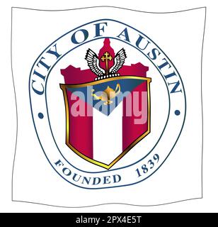 The seal of the Texan city of Austin over a white background fluttering in a breeze Stock Photo