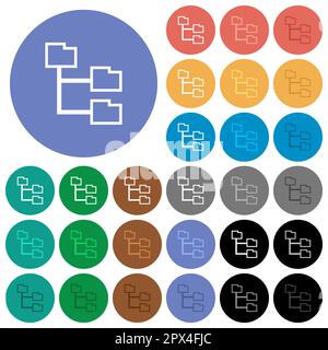 Folder structure outline multi colored flat icons on round backgrounds. Included white, light and dark icon variations for hover and active status eff Stock Vector