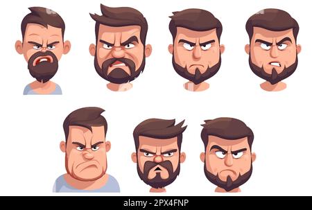 ui set vector illustration of a set of male face expression unhappy emotions isolated on white background Stock Vector