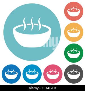 Steaming bowl flat white icons on round color backgrounds Stock Vector