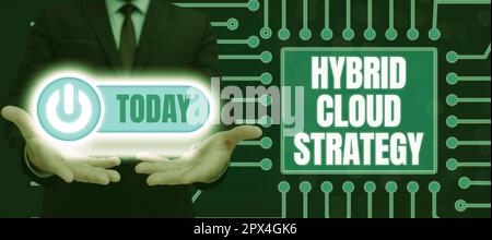 Hand writing sign Hybrid Cloud Strategy, Business showcase Cloud computing setting that uses a mix of onpremises Stock Photo