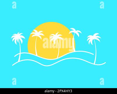 Line landscape outline with palm trees and rising sun on a blue background. Summer tropical landscape in a minimalist style. Design for printing t-shi Stock Vector