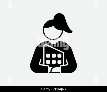 Woman Girl Lady Holding Document Tablet Folder File Book Stick Figure Black and White Icon Sign Symbol Vector Artwork Clipart Illustration Stock Vector