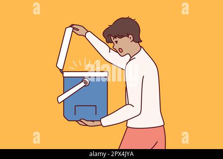 Surprised man opens portable refrigerator for ice cream or drink and is shocked to see contents. Young guy with portable refrigerator yells wow sees cool drinks for picnic or camping Stock Vector