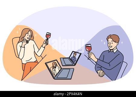 Happy man and woman with wine glasses having online date on computers. Smiling couple enjoy virtual meeting or webcam event on laptop on isolation. Relationship on distance. Vector illustration. Stock Vector