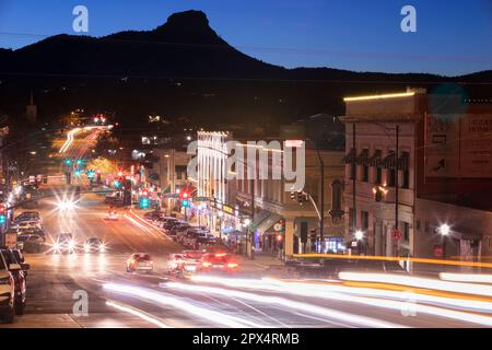 Prescott, Arizona, USA - January 9, 2022: Evening lights turn on as twilight descends on historic downtown Prescott. Stock Photo