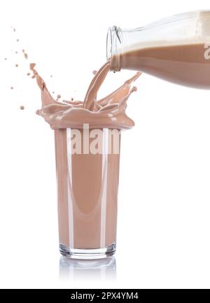 Chocolate drink milk pouring pour splash splashing glass bottle isolated on a white background Stock Photo