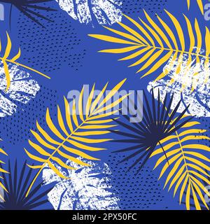 Tropical Summer seamless pattern with monstera leaves and palm tree elements. Monstera Leaves Retro Tropical Watercolor Seamless Summer Pattern. Stock Vector
