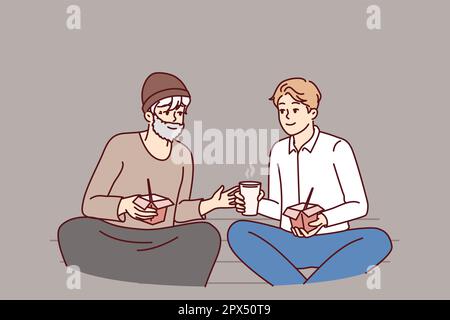 Successful man is having lunch with homeless person treating needy person with food for concept of social inequality. Homeless man asks for advice about businessman in hope of improving life Stock Vector