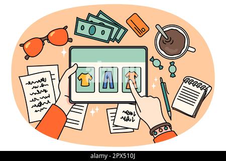 Top view closeup of person sit at table shopping online on tablet gadget. Woman buy clothing on internet on modern pad device. Web order, fashion and consumerism. Vector illustration. Stock Vector