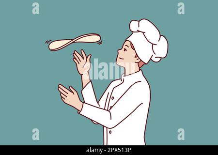 Man chef prepares pizza by tossing dough in open kitchen restaurant with traditional italian food. Guy in chef hat works in pizzeria and cook pizza according to classic old recipe. Stock Vector
