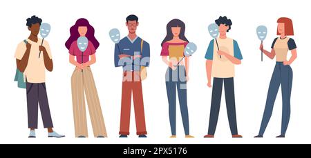 Men and women hiding their faces behind social masks with fake positive, joyful emotions and feelings. Psychology and mental health. False identity Stock Vector